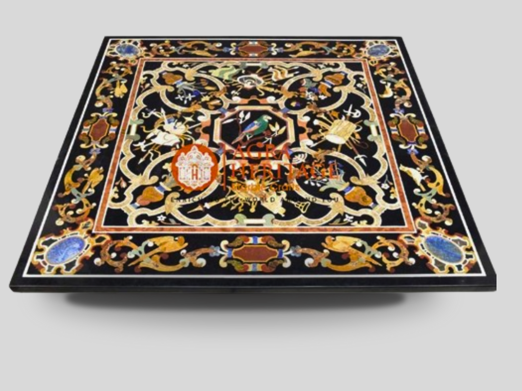 Pietra Dura Italian Black Marble Side Dining Table Top